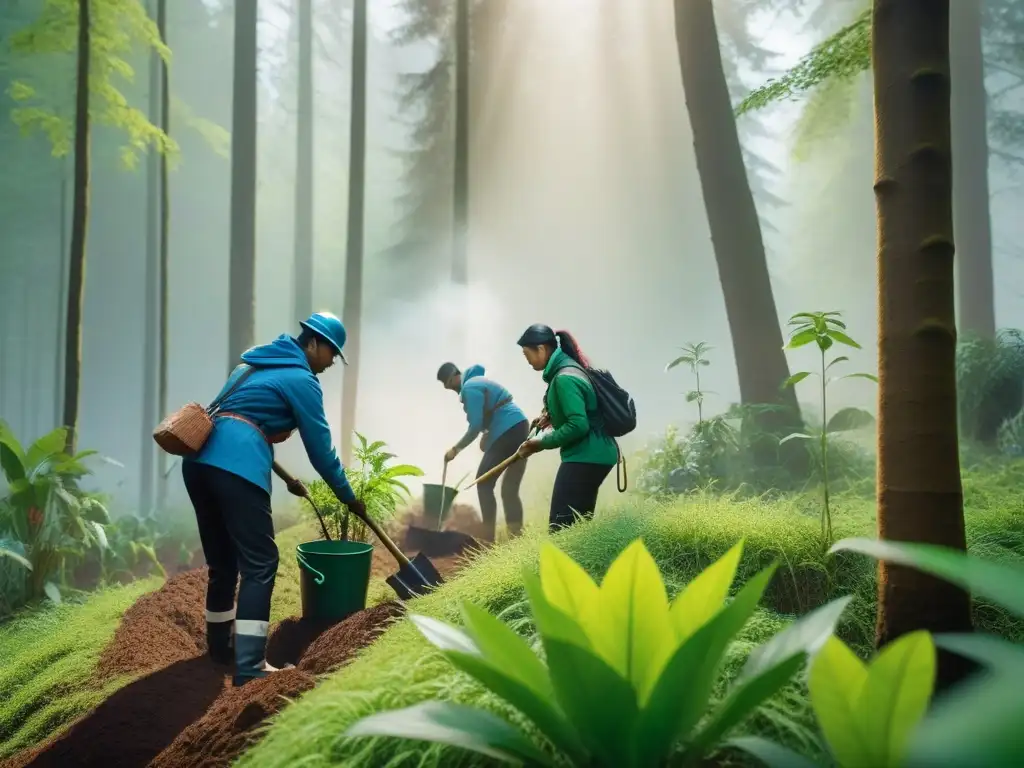 Grupo diverso planta árboles en bosque, reflejando unión, sostenibilidad y conciencia ambiental