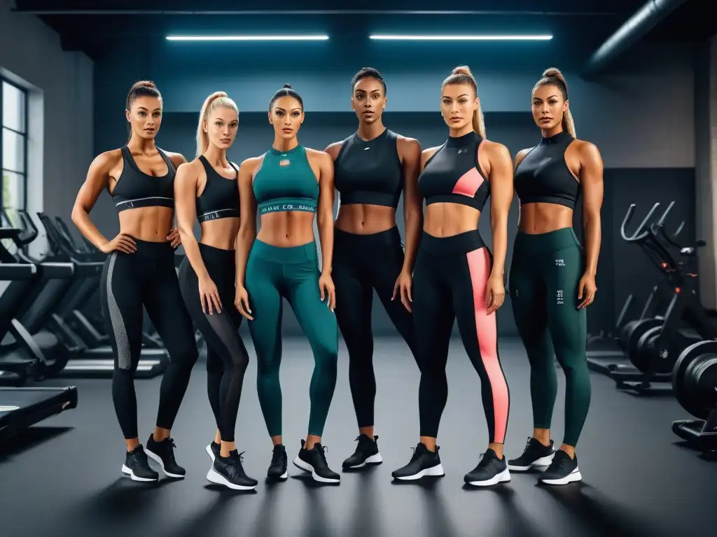 Un grupo diverso de atletas en actividades deportivas usando ropa deportiva vegana de calidad en un gimnasio futurista