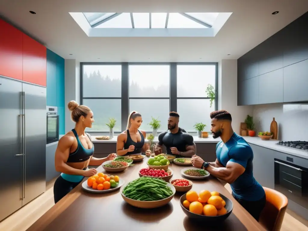 Un grupo diverso de atletas disfruta de alimentos veganos para fortalecer músculos en una cocina moderna y luminosa