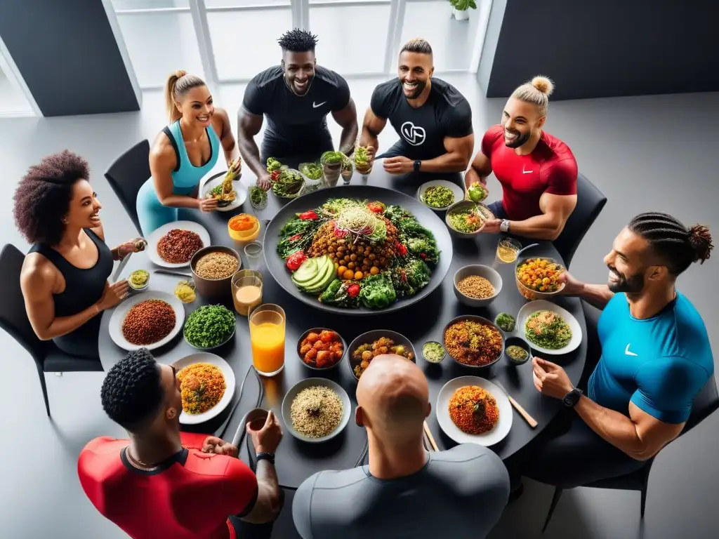 Un grupo diverso de atletas disfrutando de una colorida comida vegana juntos en una cocina moderna