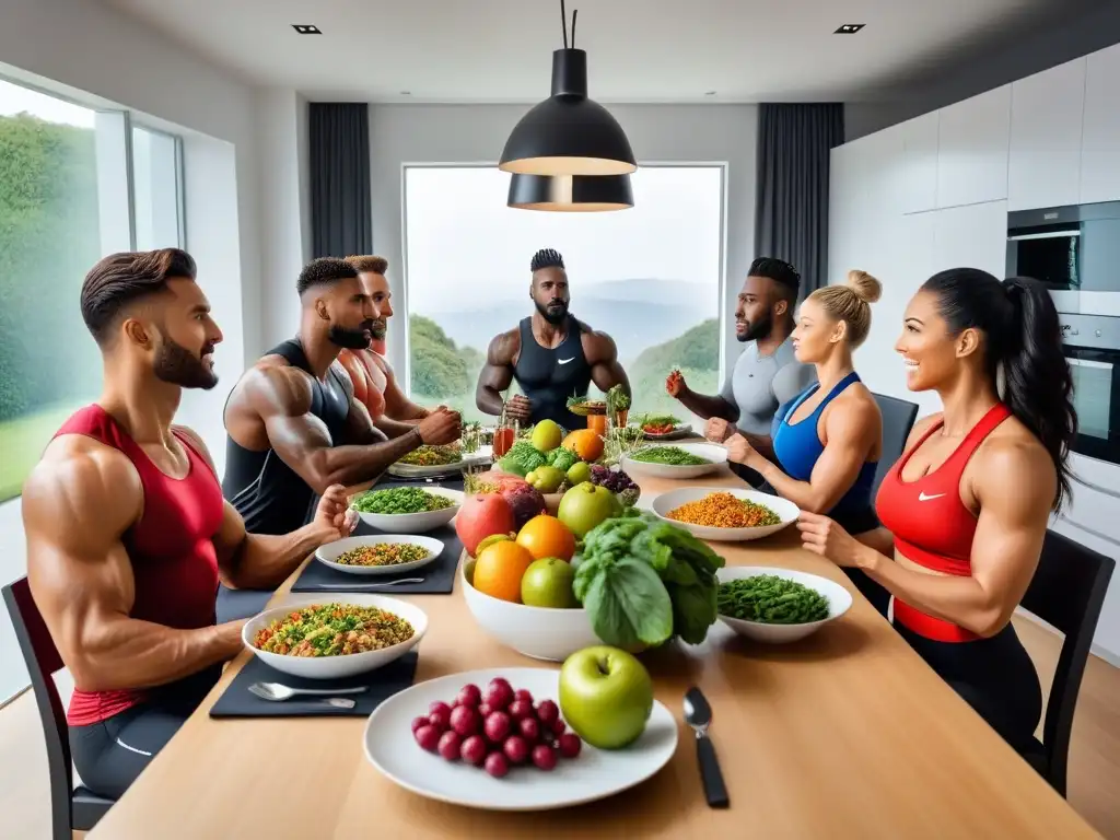 Grupo diverso de atletas disfrutando una comida vegana en cocina moderna