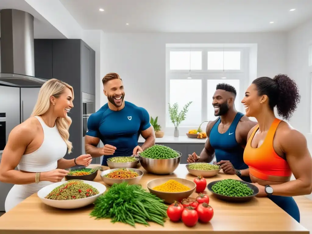 Grupo diverso de atletas disfrutando comidas veganas en cocina moderna