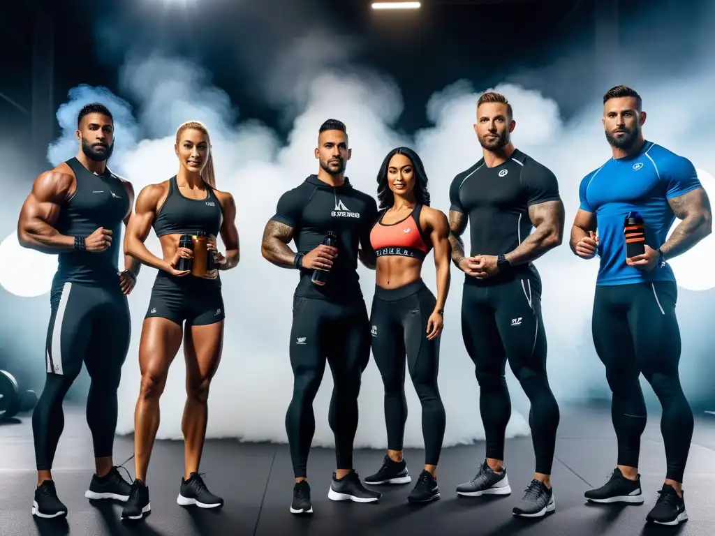 Un grupo diverso de atletas muestra confianza en su rutina de suplementos veganos para deportistas en un gimnasio futurista