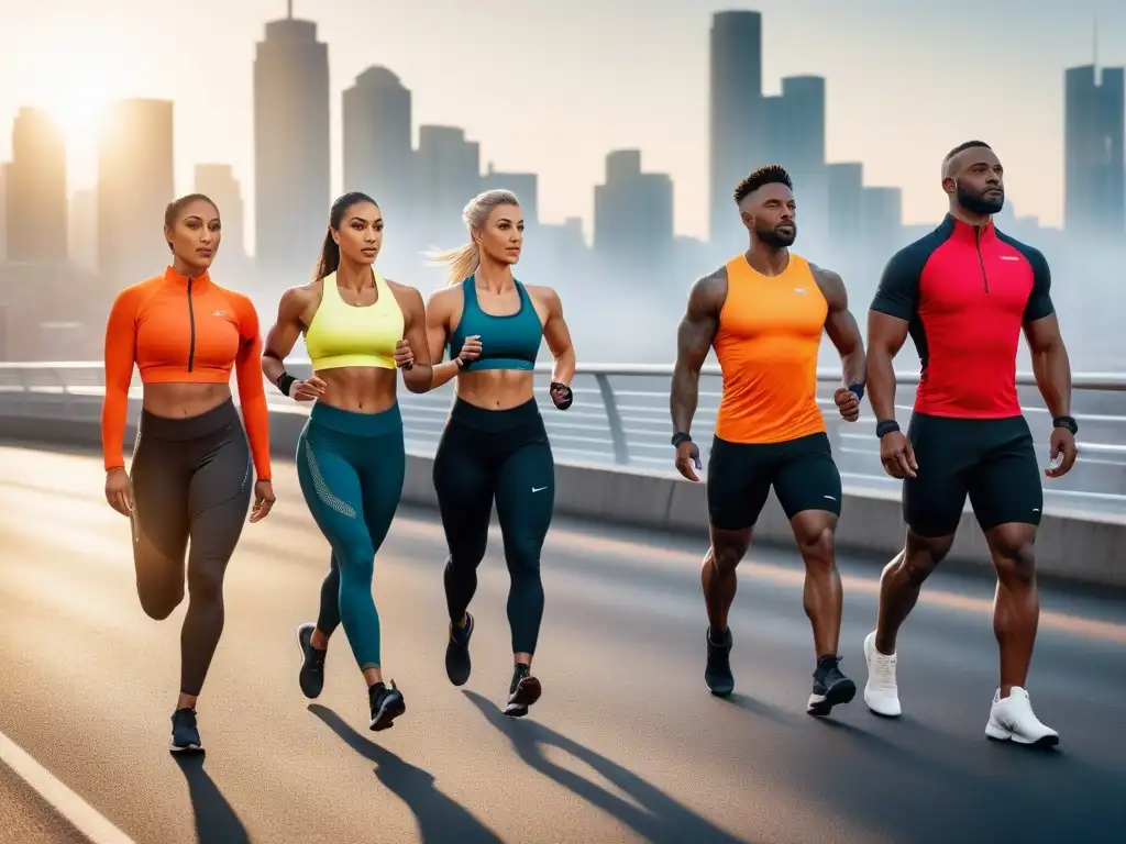 Un grupo diverso de atletas practicando deportes con energía al amanecer en la ciudad, luciendo ropa deportiva vegana