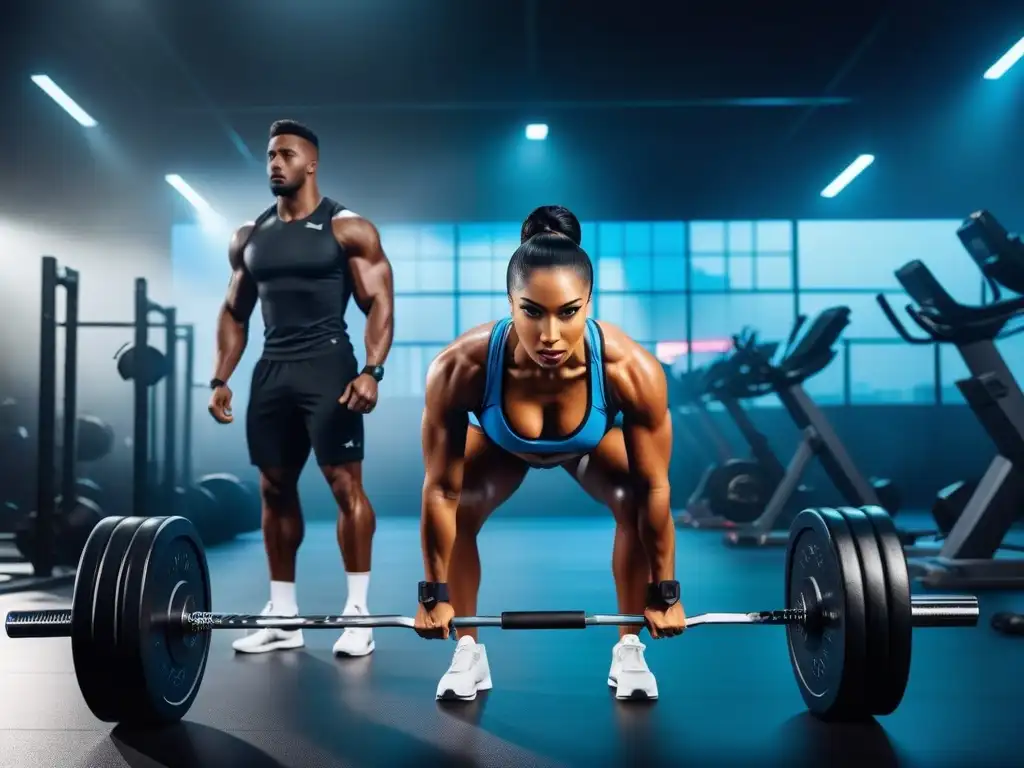 Un grupo diverso de atletas se ejercita en un gimnasio futurista con equipo vibrante y citas motivacionales destacadas