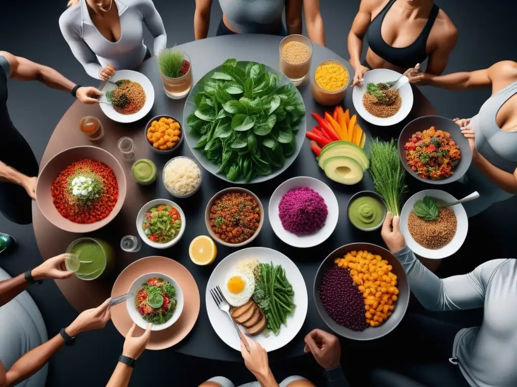 Un grupo diverso de atletas disfruta juntos de una comida vegana nutritiva después de entrenar