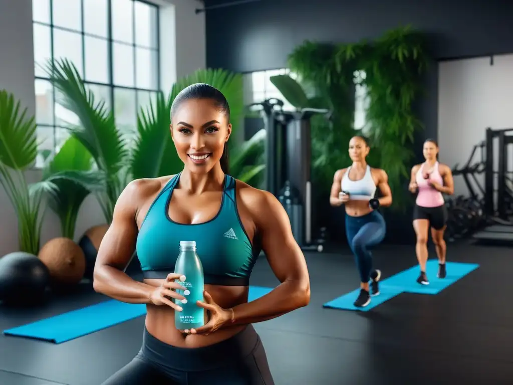 Un grupo diverso de atletas en plena acción, con bebidas veganas para entrenamiento, en un gimnasio moderno y vibrante