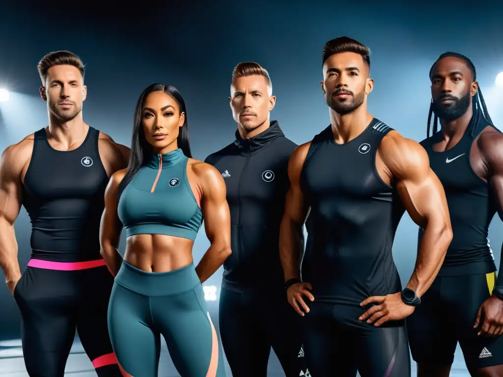 Un grupo diverso de atletas profesionales en ropa deportiva vegana de calidad, mostrando fuerza y agilidad en diferentes deportes