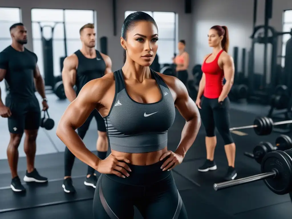 Un grupo diverso de atletas profesionales entrena con determinación en un gimnasio moderno y bien iluminado, luciendo fuerza y concentración