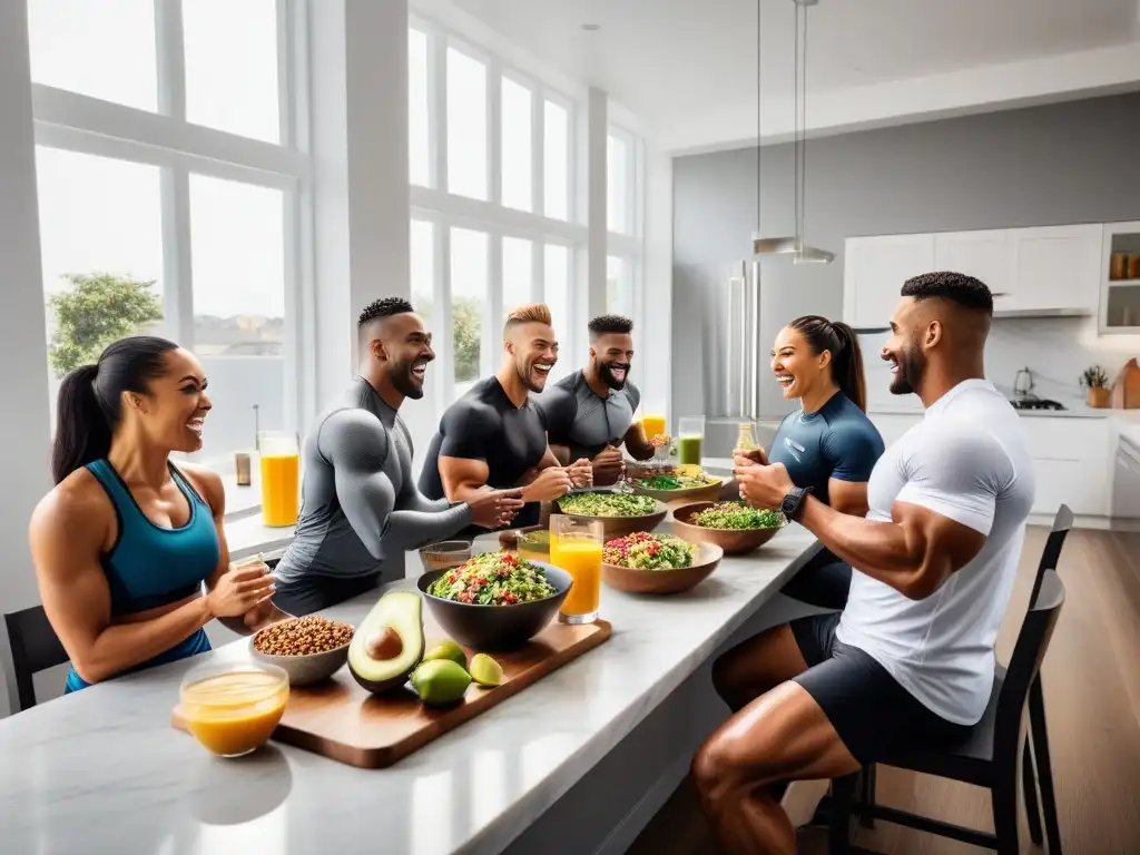 Un grupo diverso de atletas disfruta de recetas veganas postentrenamiento en una cocina moderna y luminosa