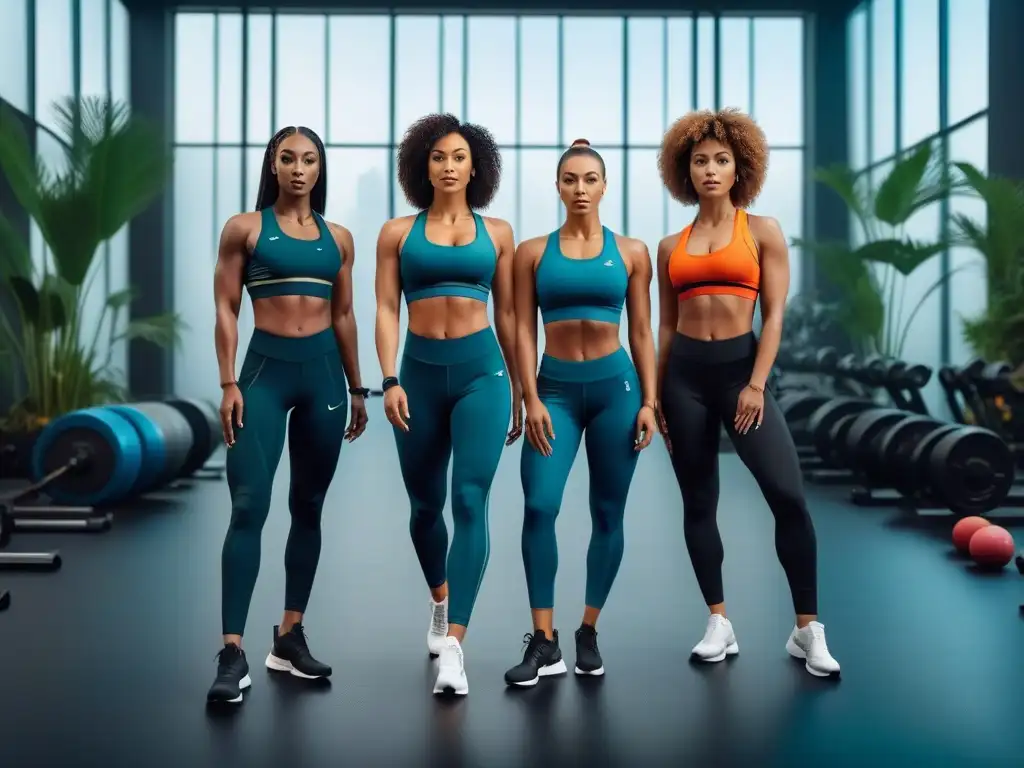 Un grupo diverso de atletas en ropa deportiva vegana de calidad, practicando deportes en un gimnasio moderno y sostenible