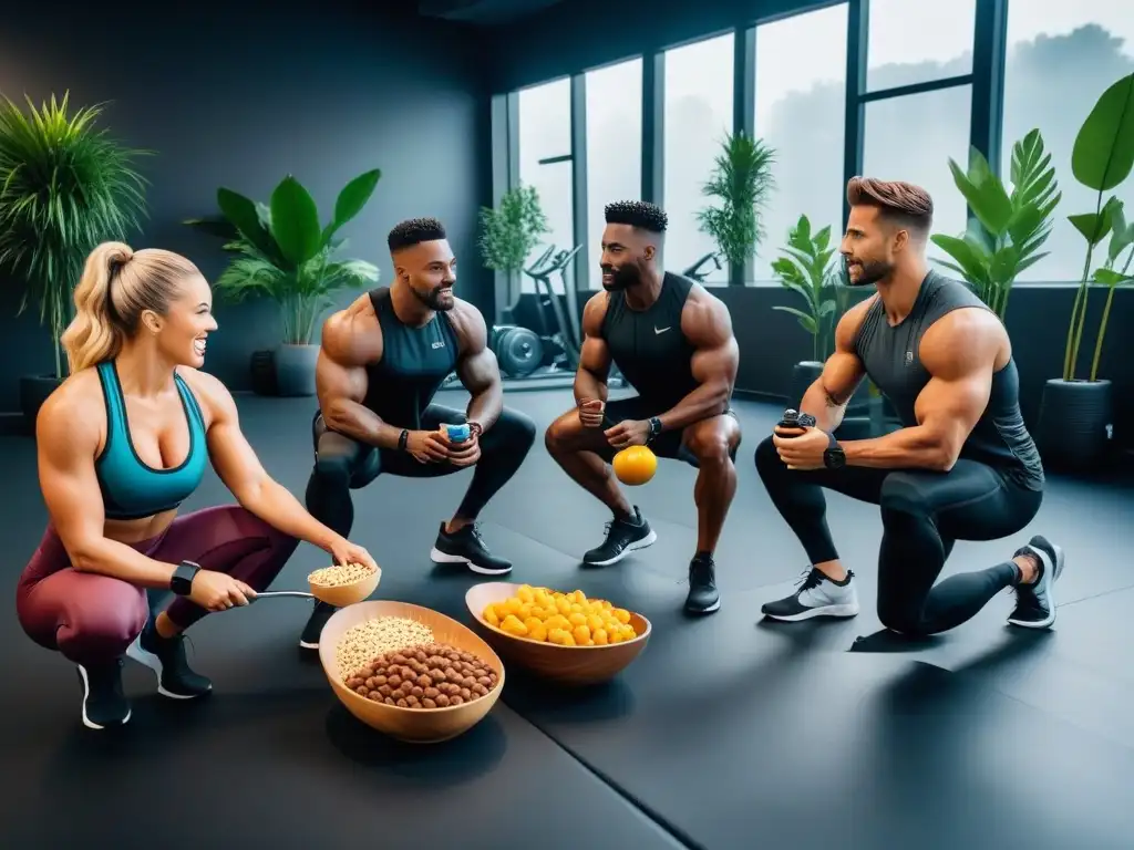 Un grupo diverso de atletas disfruta snacks veganos tras entrenar en un gimnasio moderno