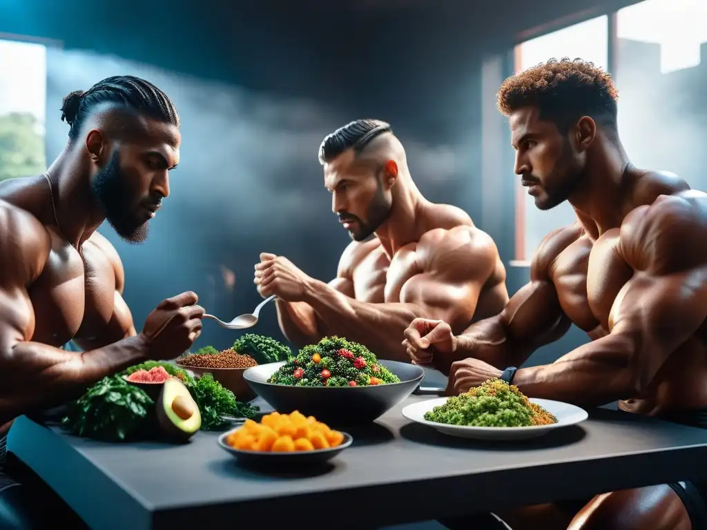 Un grupo diverso de atletas veganos disfruta alimentos veganos para recuperación muscular en un escenario futurista detallado