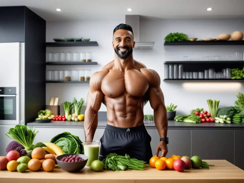 Un grupo diverso de atletas veganos disfrutando alimentos ricos en calcio y vitamina D, en una cocina moderna