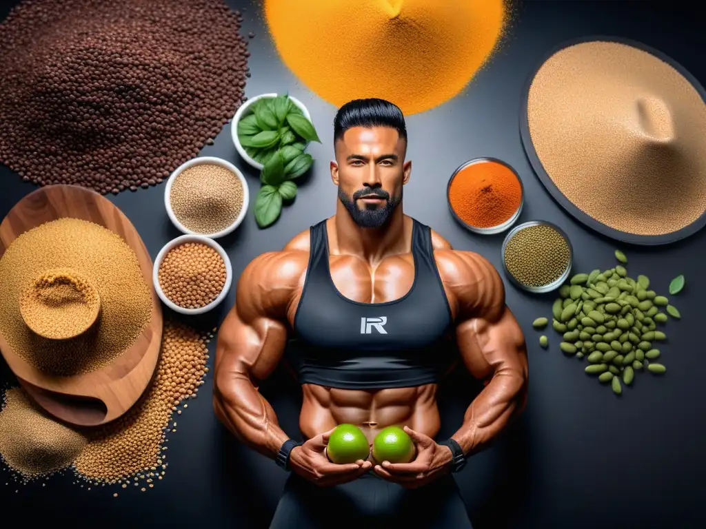 Un grupo diverso de atletas veganos musculosos muestra su fuerza rodeados de proteínas veganas y equipamiento de gimnasio futurista