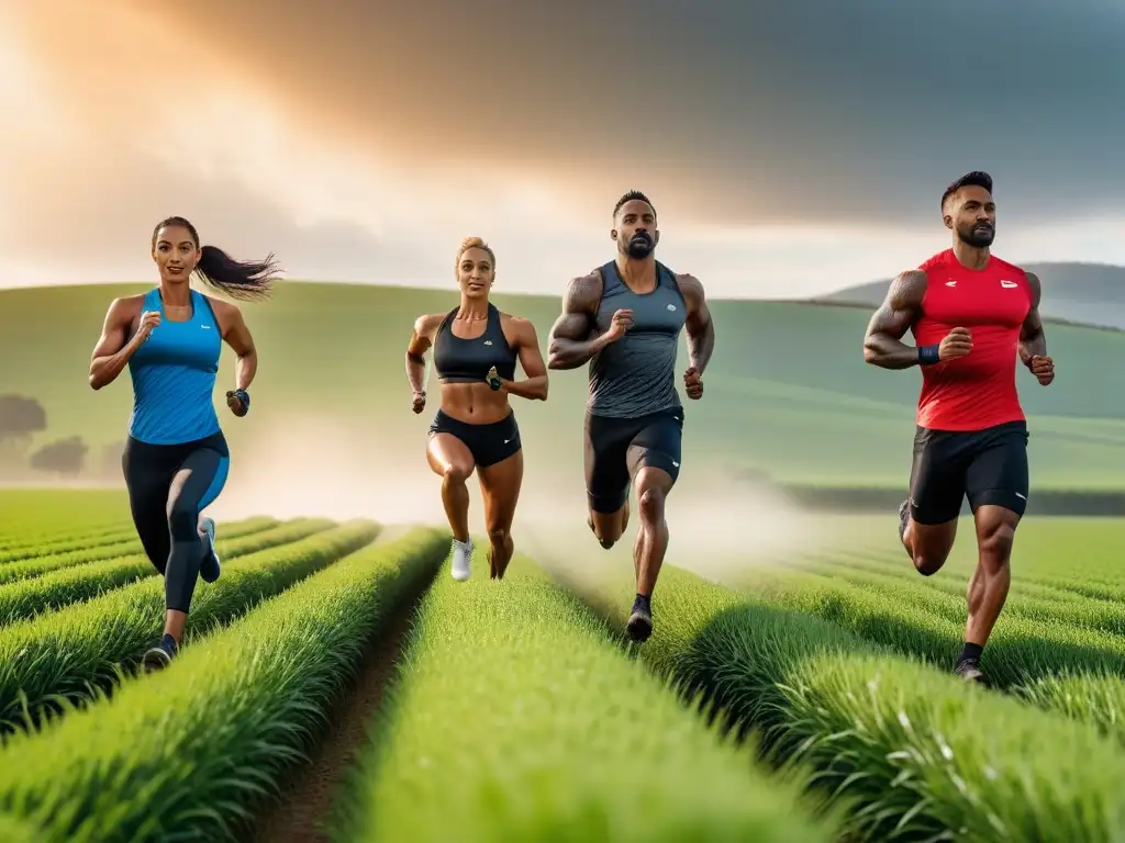 Un grupo diverso de atletas veganos practicando deportes, mostrando fuerza y determinación