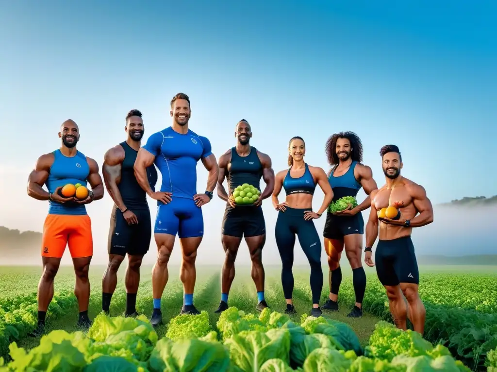 Grupo diverso de atletas veganos saludables y enérgicos en un campo verde vibrante, sosteniendo frutas y verduras