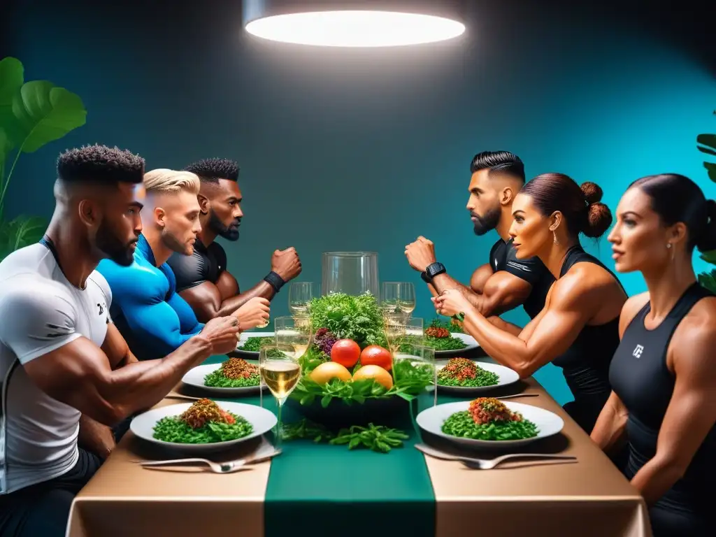 Un grupo diverso de atletas veganos profesionales disfrutan de una mesa llena de platillos vegetales nutritivos, destacando su vitalidad y fuerza