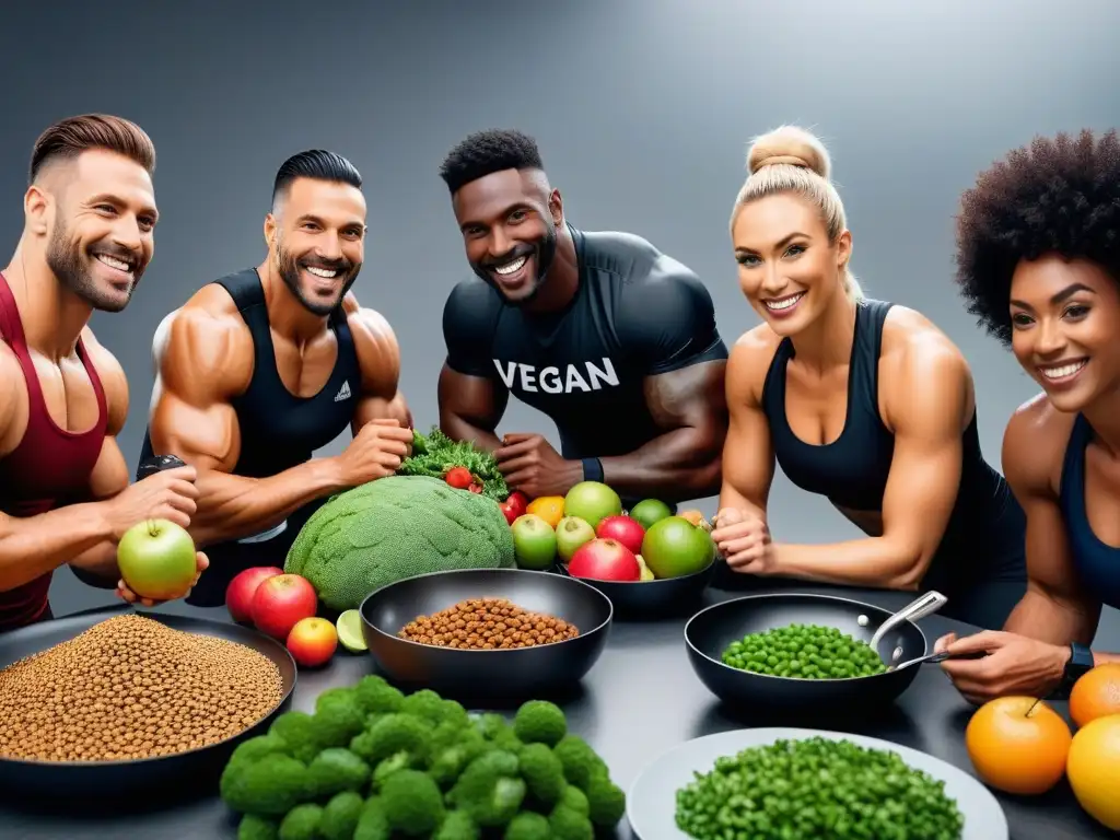 Un grupo diverso de atletas veganos sonrientes preparan y disfrutan juntos coloridos menús veganos para deportistas en una cocina moderna y elegante