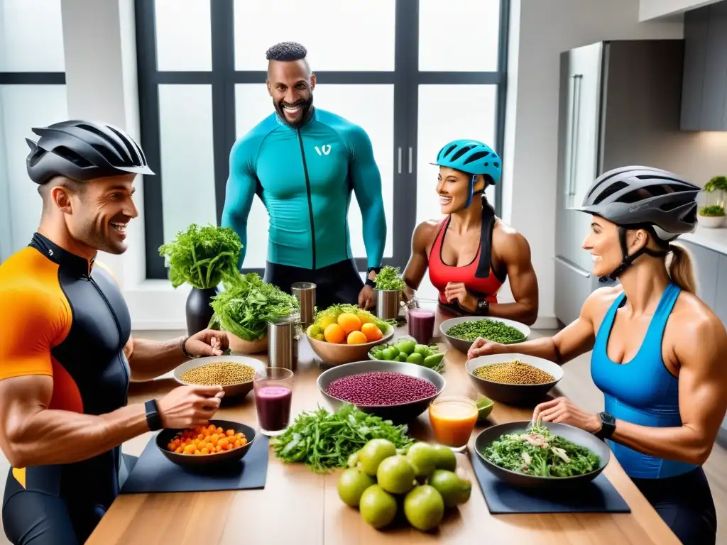 Un grupo diverso de atletas veganos disfrutando almuerzos saludables juntos