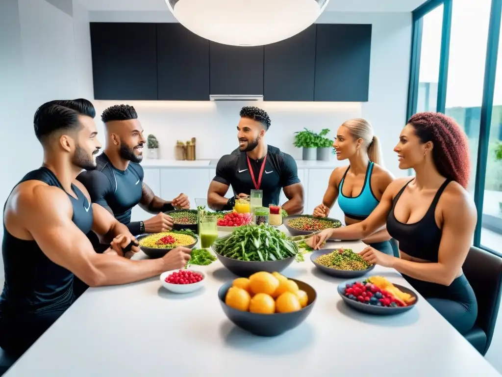 Un grupo diverso de atletas veganos disfrutando de comidas veganas coloridas y nutritivas en una cocina futurista