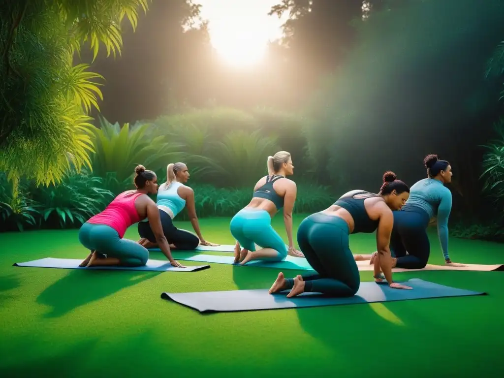 Grupo diverso practica yoga en jardín botánico, representando beneficios veganismo flexibilidad movilidad