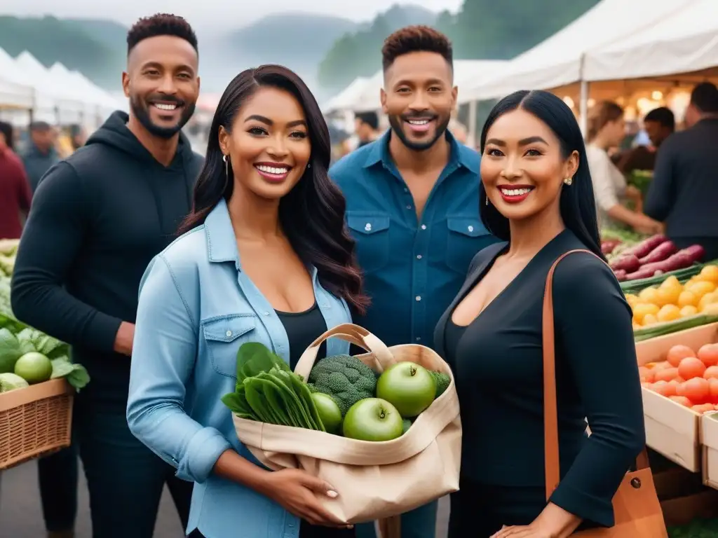 Grupo diverso sonriendo con bolsas de productos frescos en mercado