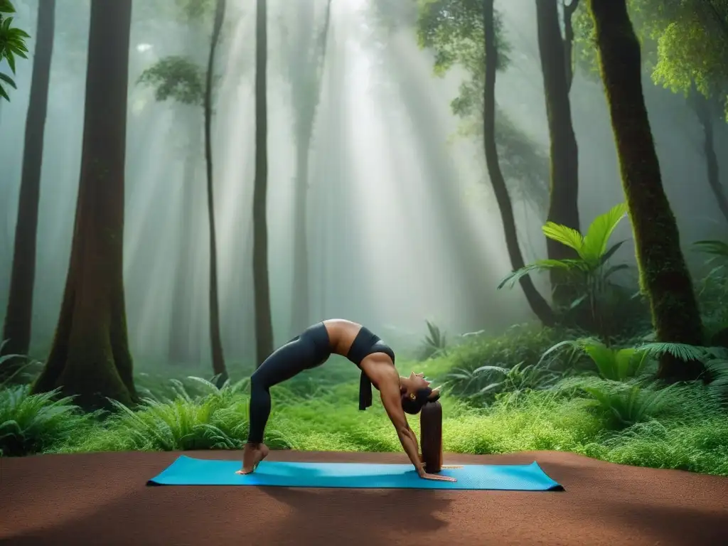 Un grupo diverso practica yoga en un bosque verde, reflejando equilibrio y conexión con la naturaleza