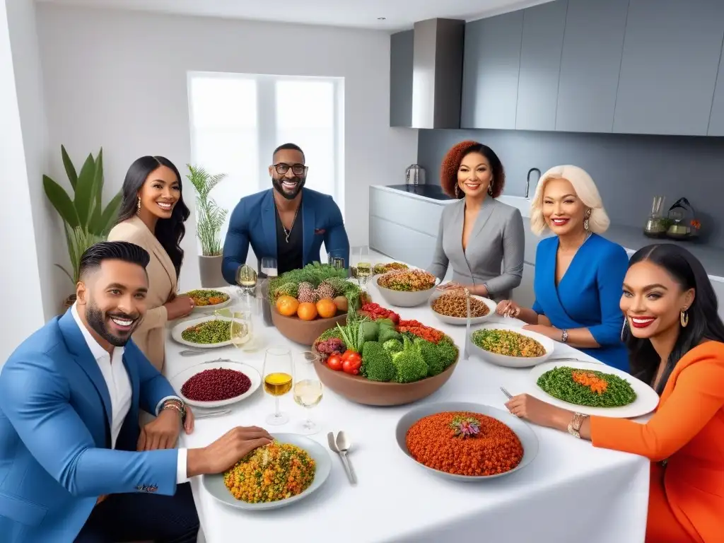 Grupo diverso disfruta de una cena vegana en cocina moderna y tecnológica