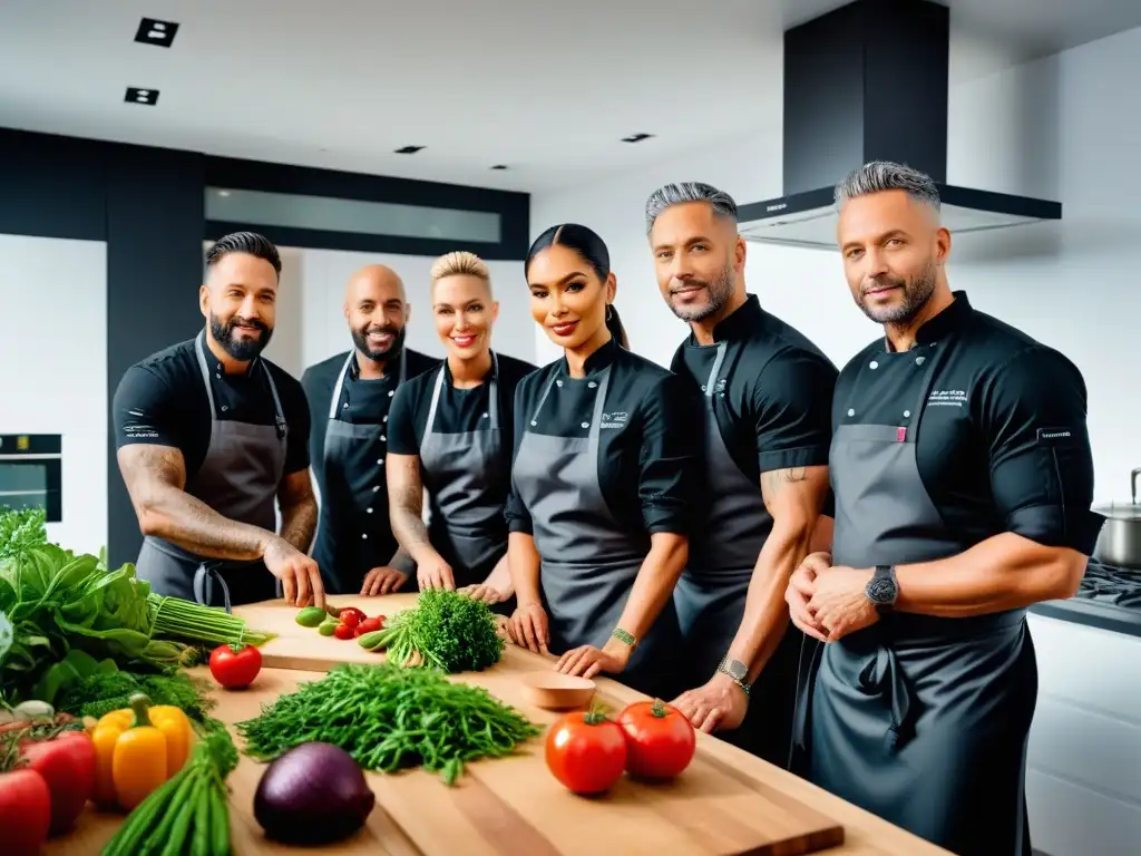 Un grupo diverso de chef veganos preparando platillos en una cocina moderna con ingredientes frescos y utensilios elegantes