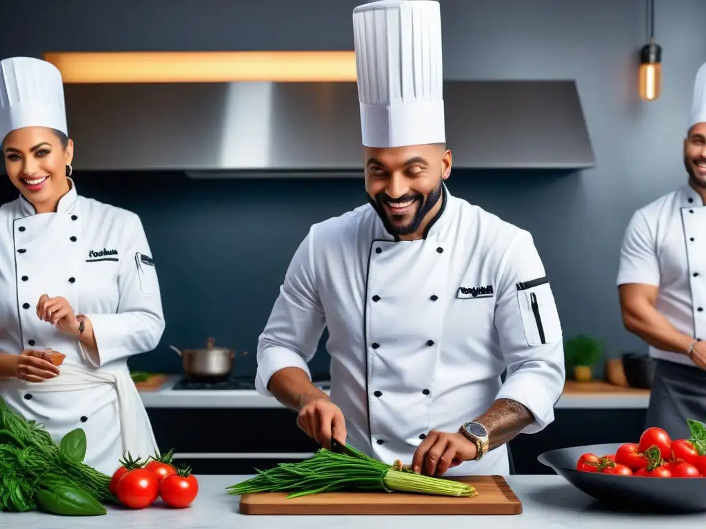 Un grupo diverso de chef veganos internacionales cocinando apasionadamente recetas veganas en una cocina moderna y vibrante