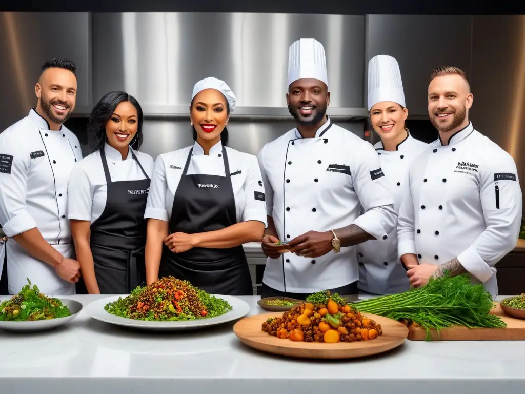 Un grupo diverso de Chefs africanos líderes en cocina vegana presentan platos veganos innovadores y coloridos en una cocina moderna