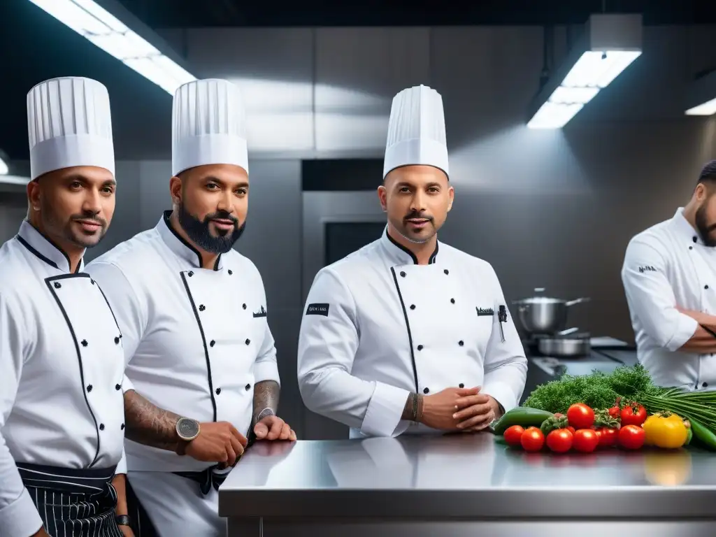 Un grupo diverso de chefs en una cocina moderna, mostrando técnicas de cocina vegana innovadoras con profesionalismo y creatividad