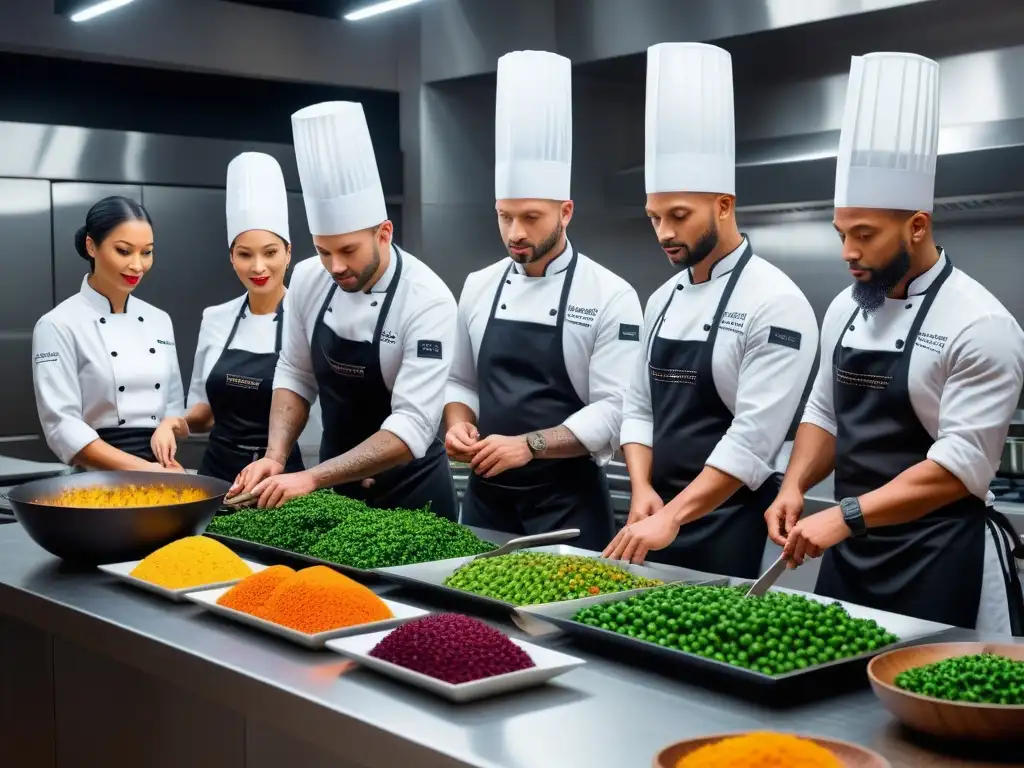 Un grupo diverso de chefs en una cocina moderna preparando platos veganos coloridos con ingredientes frescos