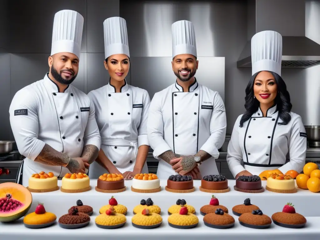 Un grupo diverso de chefs pasteleros veganos concentrados en técnicas innovadoras de pastelería vegana en una cocina moderna y elegante