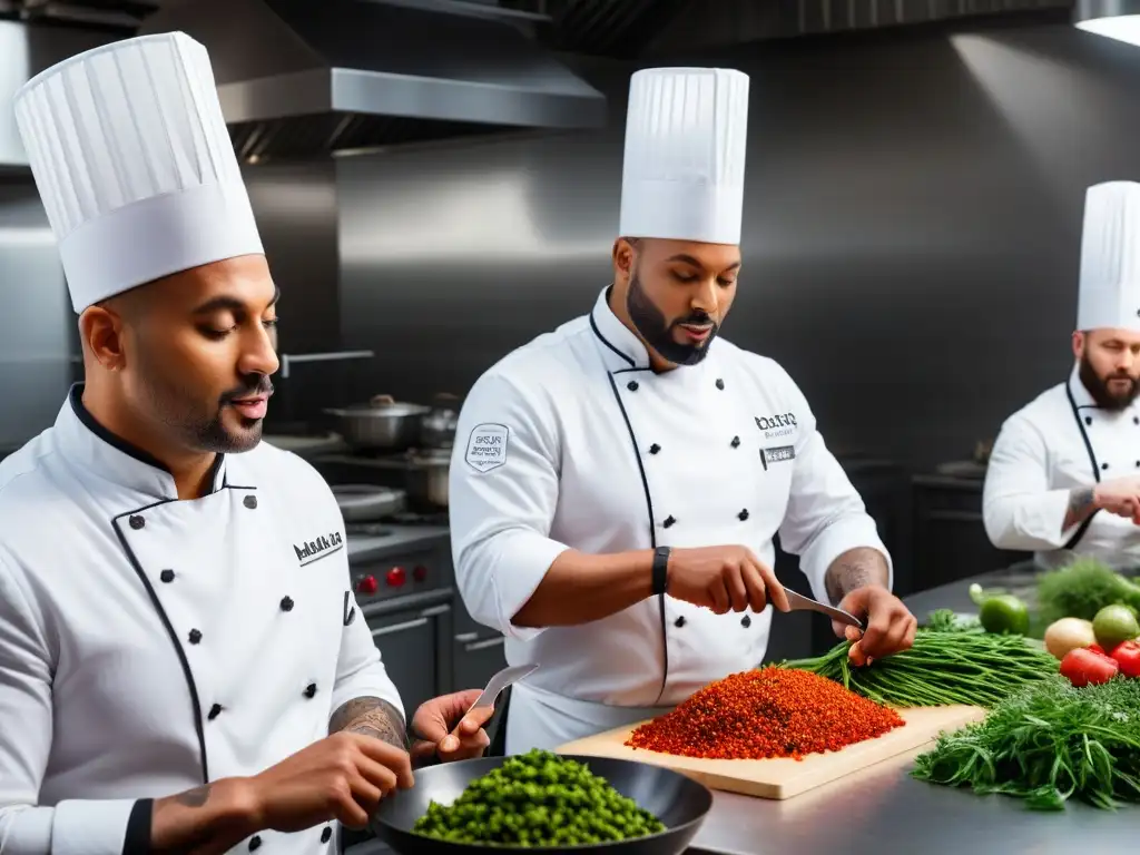 Un grupo diverso de chefs preparando platos veganos en una cocina moderna, destacando los ingredientes frescos