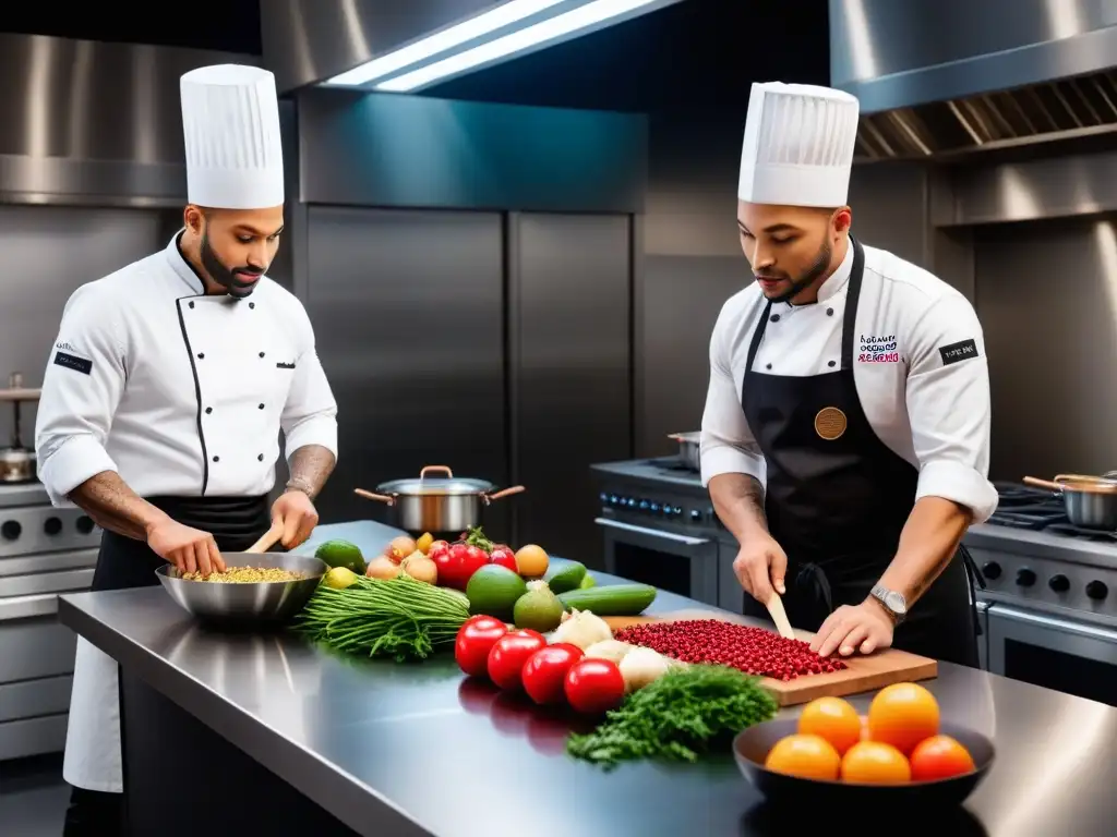 Un grupo diverso de chefs preparando platos veganos en una cocina moderna y vibrante, con ingredientes frescos de todo el mundo