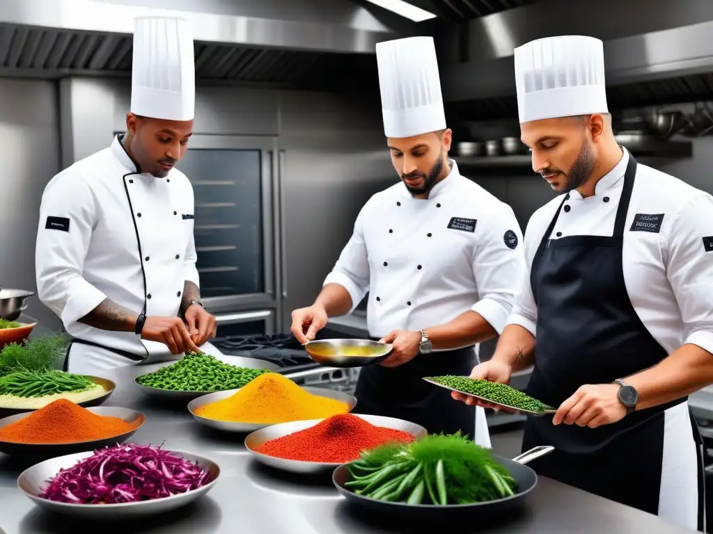 Un grupo diverso de chefs profesionales preparando platos veganos fusionados en una cocina industrial, transmitiendo innovación y colaboración