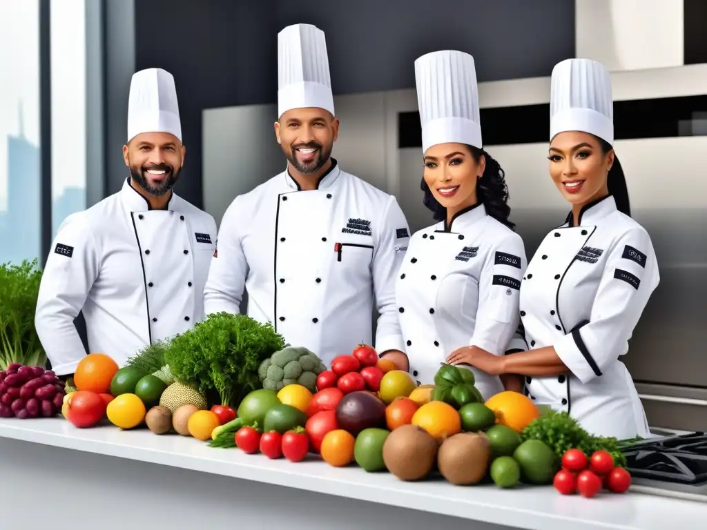 Un grupo diverso de chefs profesionales discutiendo en una cocina moderna y colaborativa, rodeados de frutas y verduras coloridas