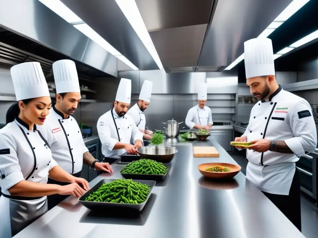 Un grupo diverso de chefs profesionales preparando platos veganos en una cocina moderna, reflejando el manejo antinutrientes en cocina vegana