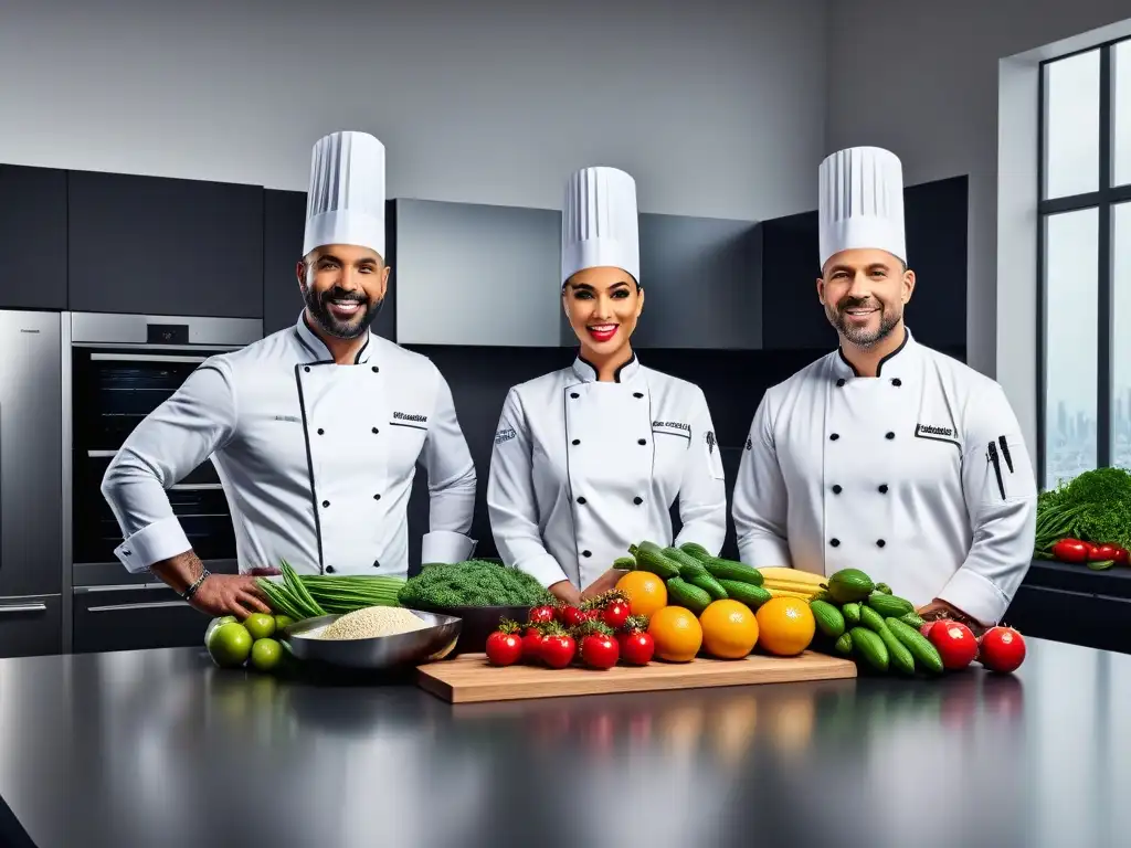 Un grupo diverso de chefs profesionales preparando platos veganos para contrarrestar antinutrientes en una cocina moderna y sofisticada