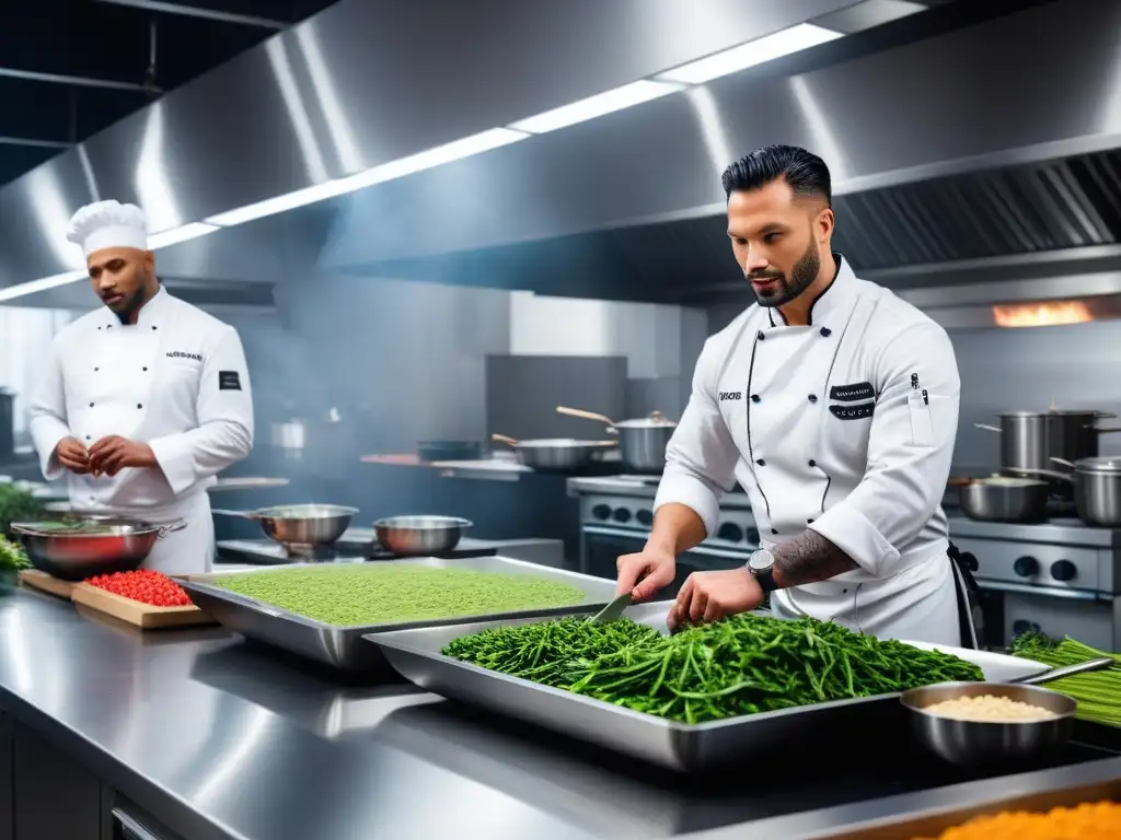 Un grupo diverso de chefs profesionales en una cocina vegana avanzada, creando platos con precisión y pasión