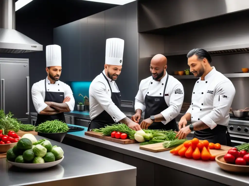 Un grupo diverso de chefs veganos en una cocina moderna colaborativa, creando platos vibrantes