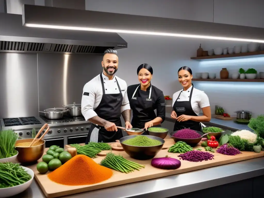 Grupo diverso de chefs veganos expertos en cocina, colaborando y creando platos coloridos en estudio moderno