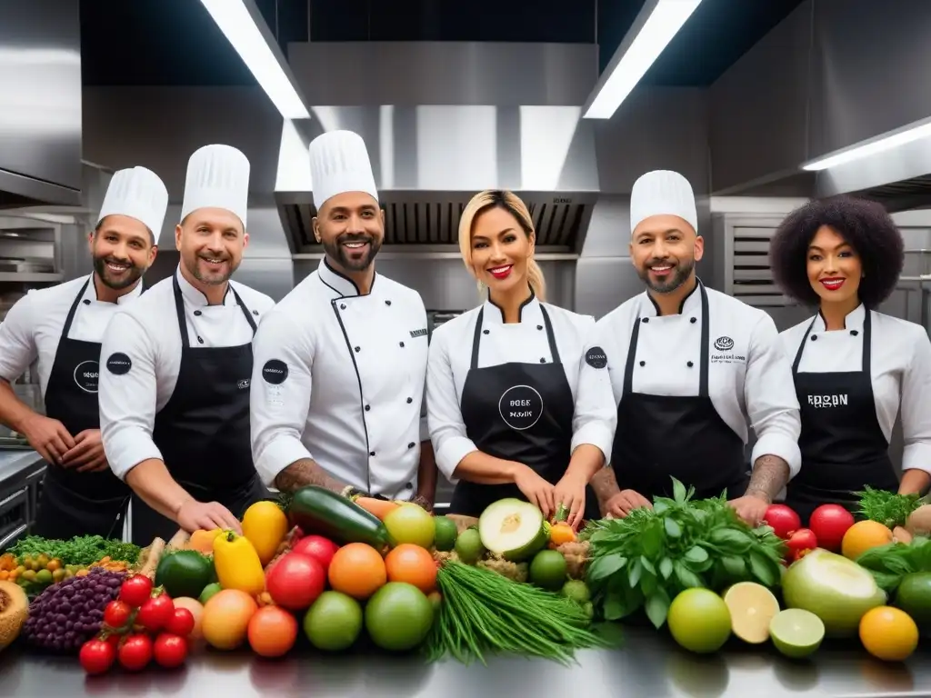 Un grupo diverso de chefs veganos fusionando culturas en una cocina vibrante y llena de color