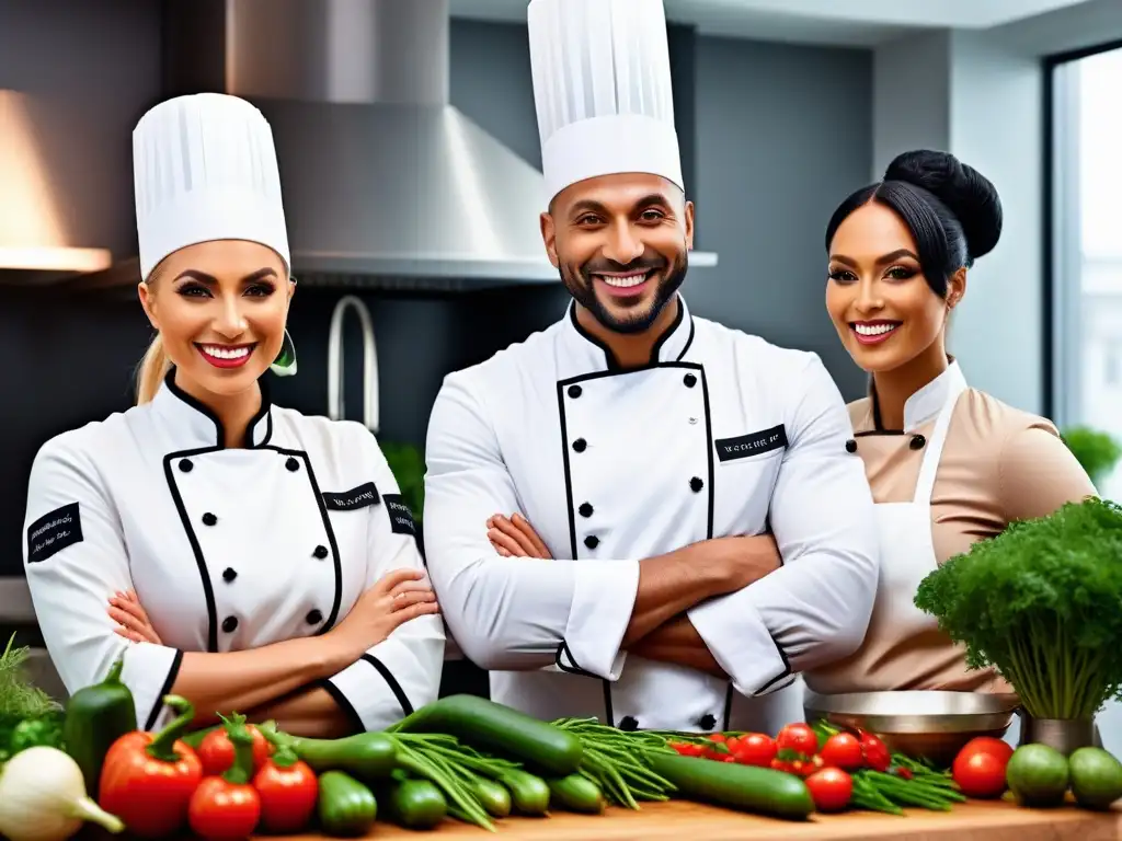 Un grupo diverso de chefs veganos sonrientes crean recetas veganas creativas y personales en una cocina moderna y luminosa, rodeados de verduras frescas y hierbas coloridas