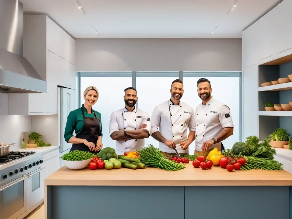 Un grupo diverso de chefs veganos comparten recetas en una cocina moderna, llena de ingredientes frescos