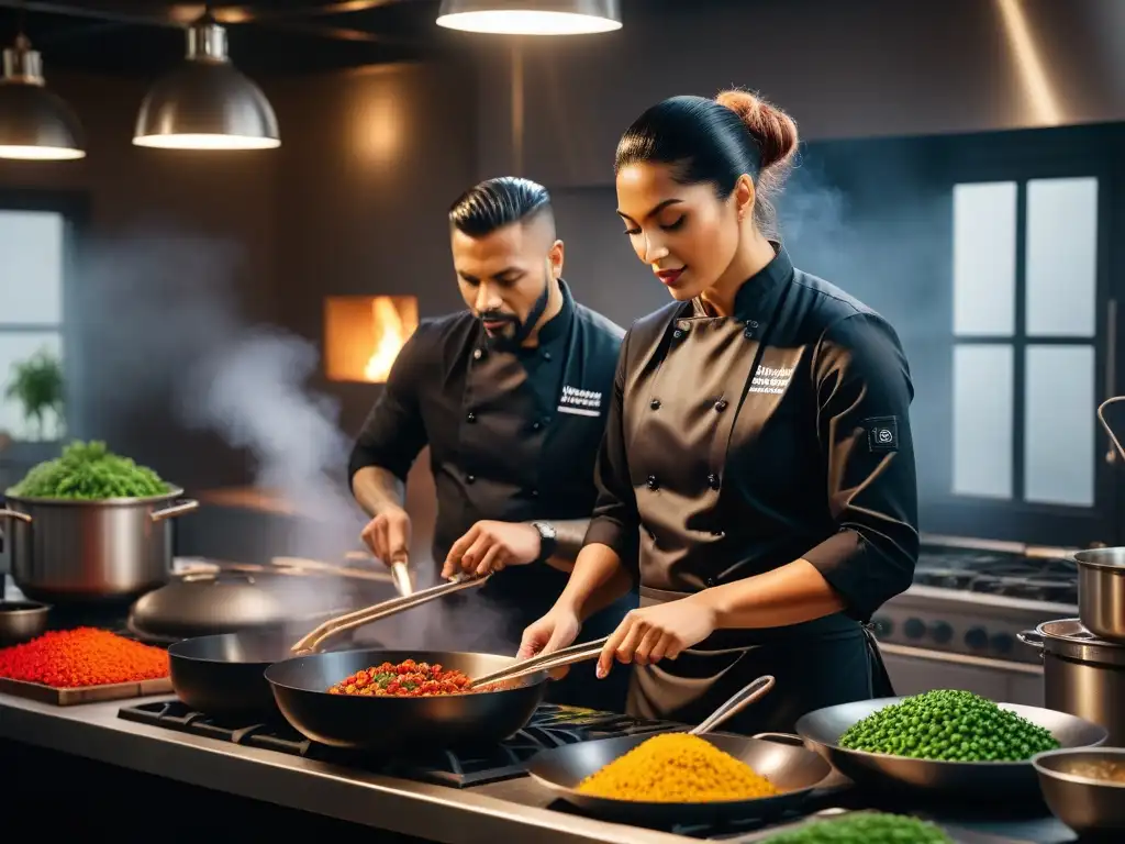 Un grupo diverso de chefs veganos preparando platos vibrantes en una cocina moderna, creando una atmósfera de Cocina Soul Vegana Profunda