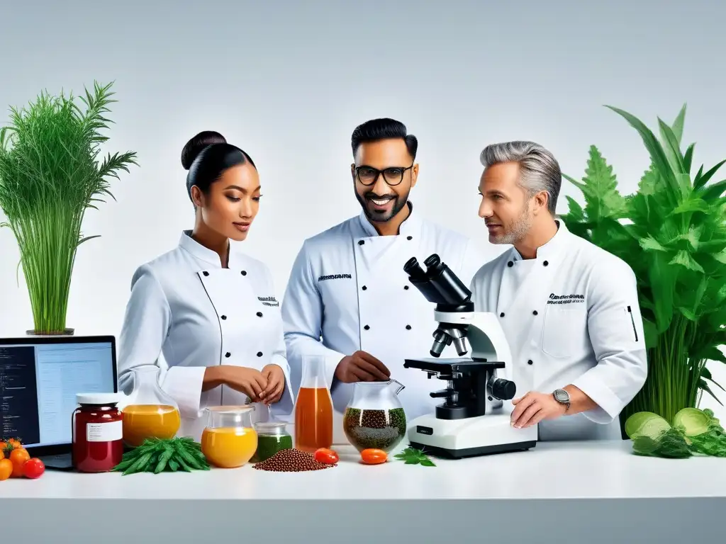 Un grupo diverso de científicos y chefs discuten animadamente ingredientes veganos bajo un microscopio en un laboratorio moderno