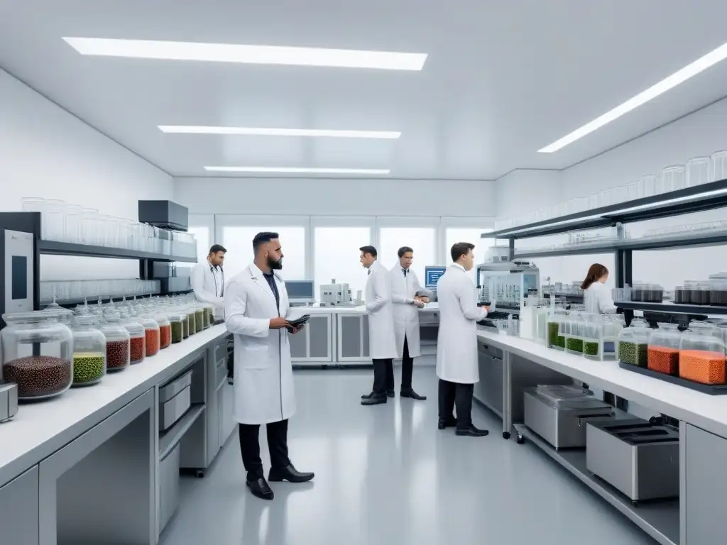 Un grupo diverso de científicos en un laboratorio avanzado analiza ingredientes vegetales con platos veganos en equipo científico, mientras libros explican ciencia y cocina